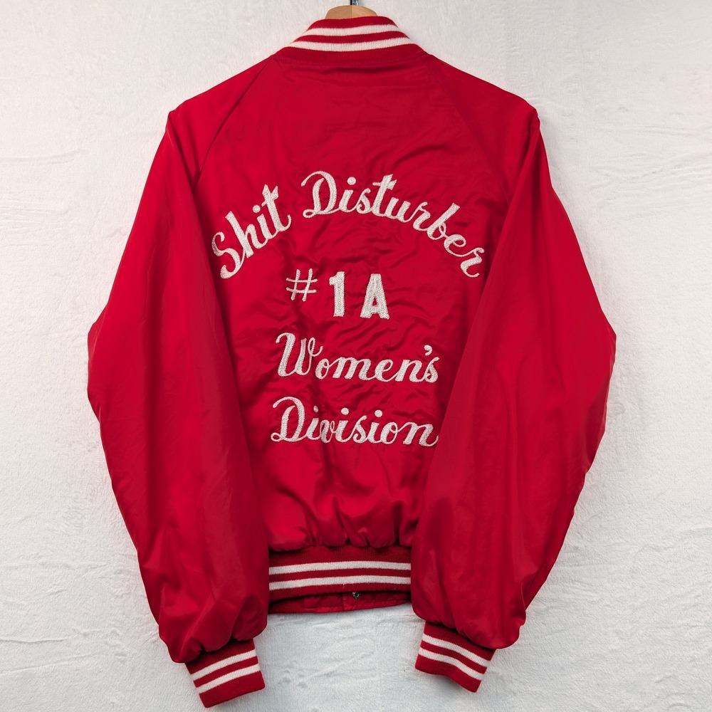 VTG Humor Champion Jacket Women's M Red Varsity Bomber Snap Chain Stitch 90s